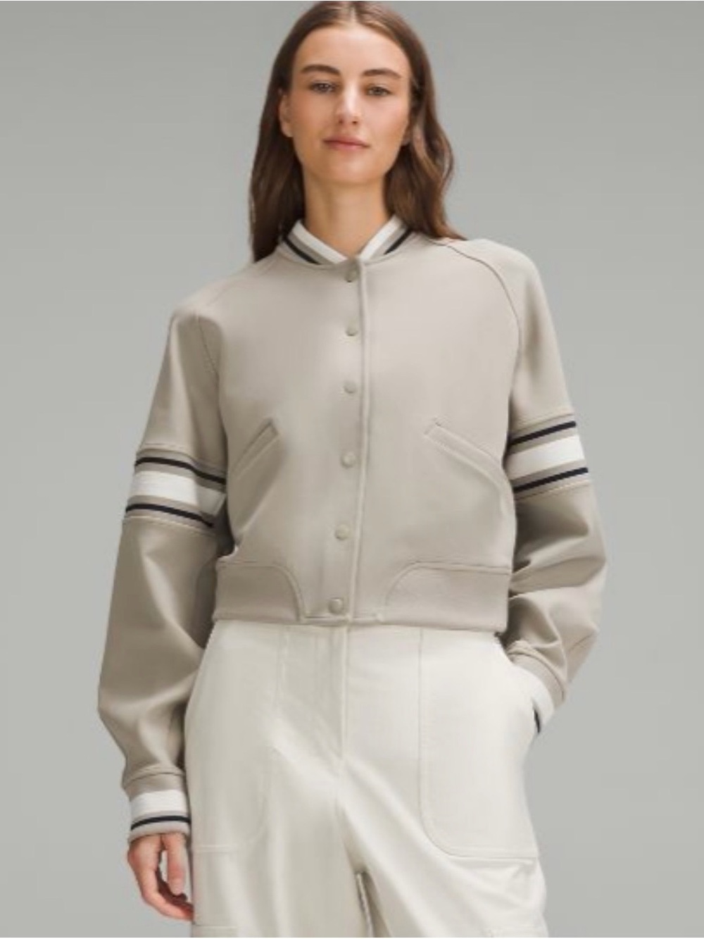 Lululemon Women’s Snap Front Varsity Jacket Size M in color Riverstone *RARE*